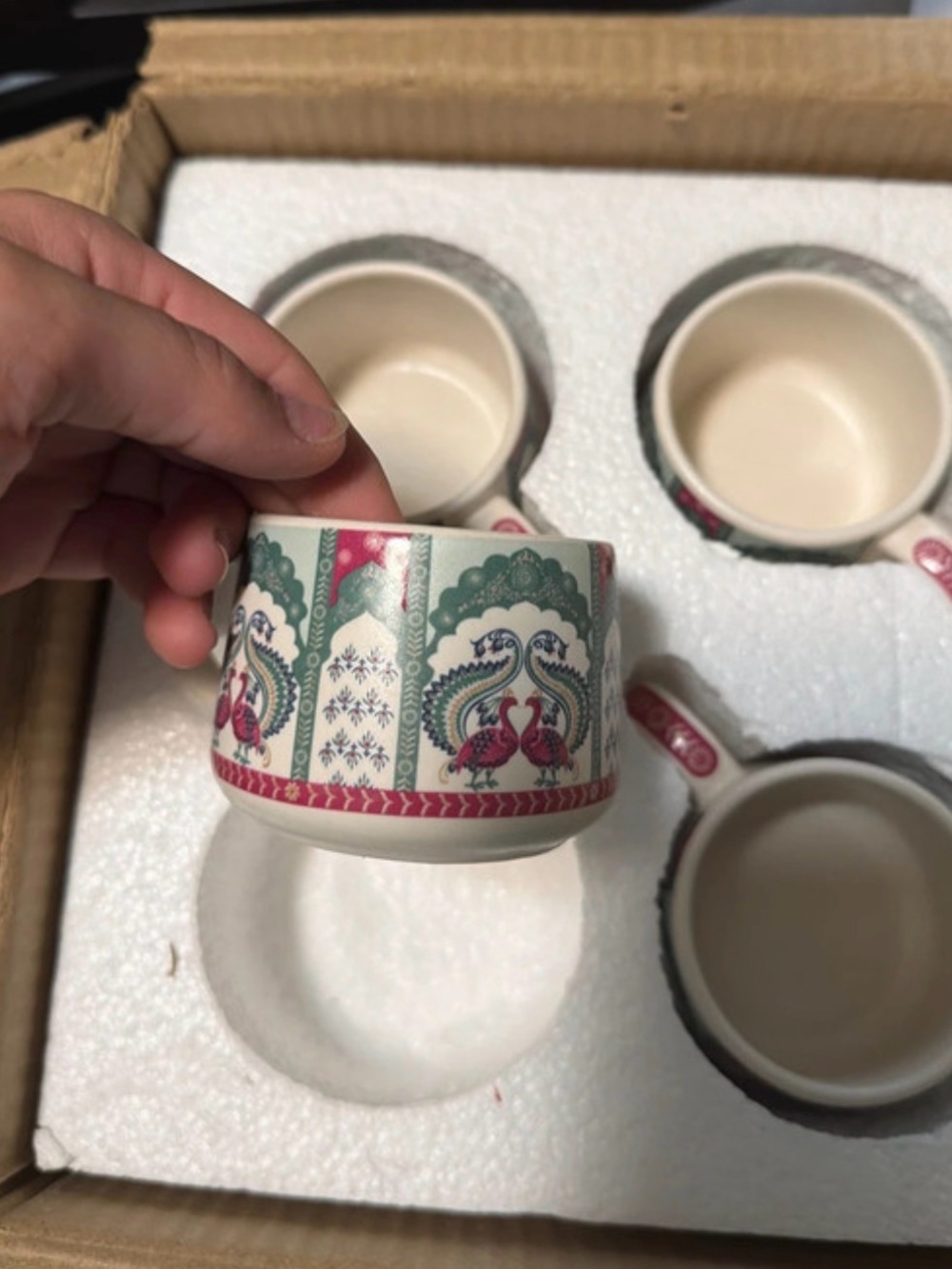Green and Pink Decorative Ceramic Teacup - Set of 4